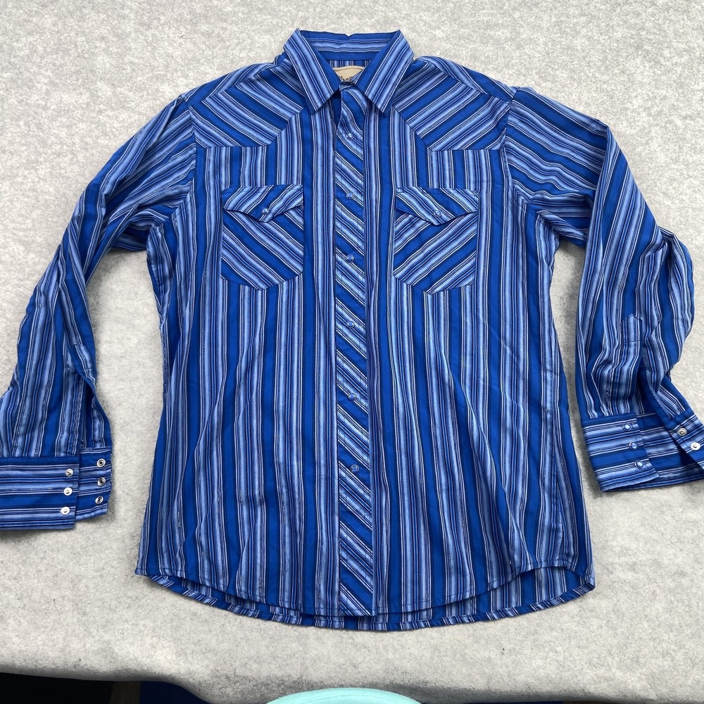 Wrangler Shirt Mens XL-2XL Blue Striped Western Pearl Snap Long Sleeve NO TAG